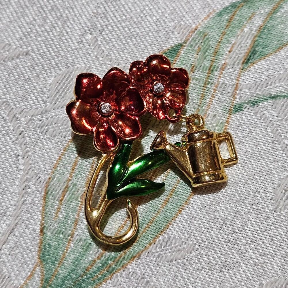 vintage cottagecore twee red flowers watering can brooch